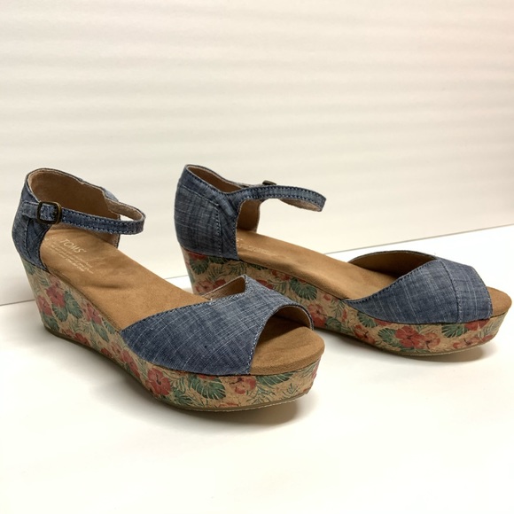 Toms Shoes - Toms Blue Chambray Floral Cork Platform Wedges